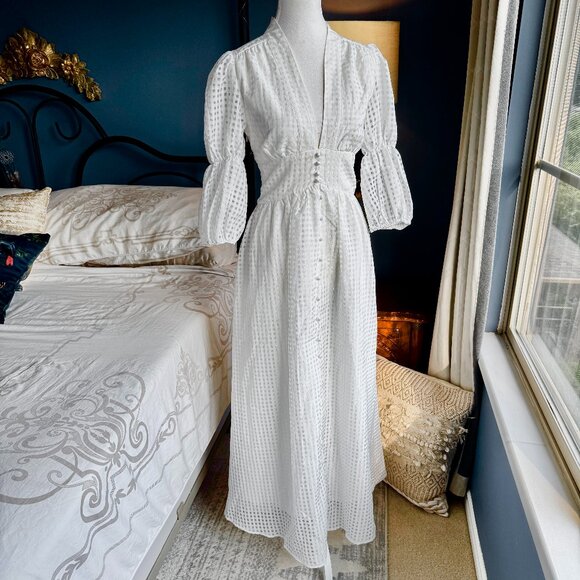 White 3/4 Puff Sleeve Maxi Dress - Picture 1 of 15